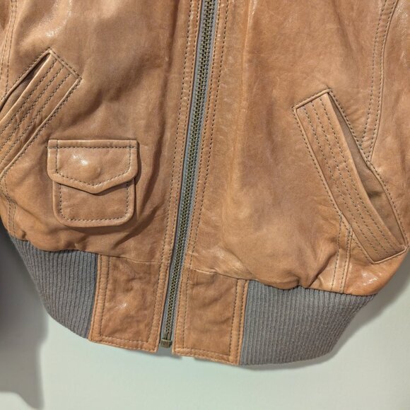 Fossil Womens Leather Bomber Jacket Brown Size Small Front Pockets Ribbed Trim - Picture 4 of 13